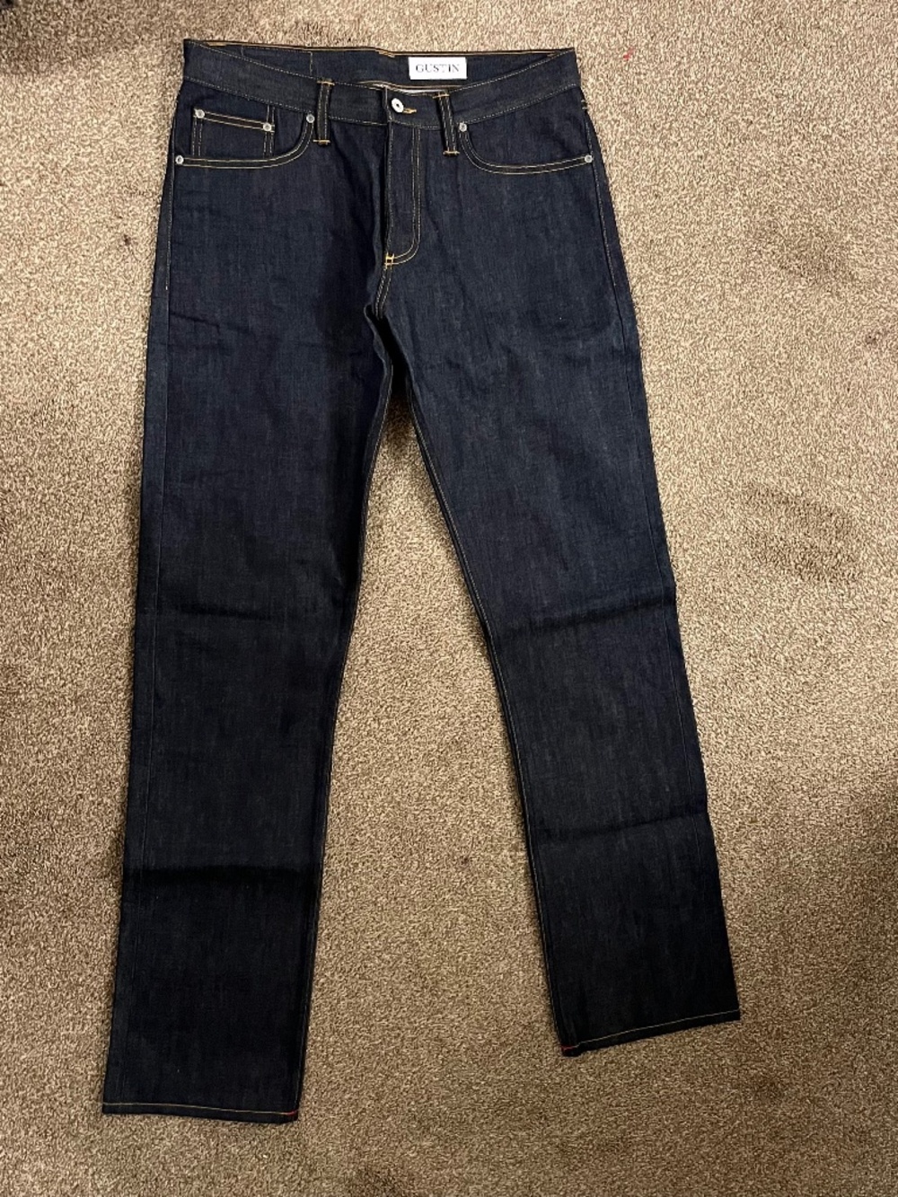 NWOT Gustin Men's Straight Fit Raw Navy Selvedge Denim Jeans - Size 35x34